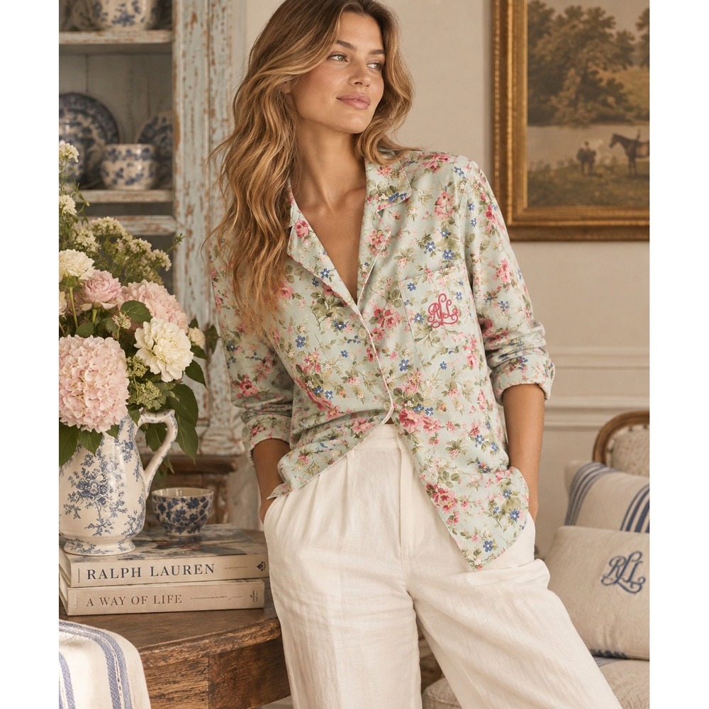Lauren Ralph Lauren Floral Pajama Top Womens S Blue Pink Cottagecore Shabby Chic